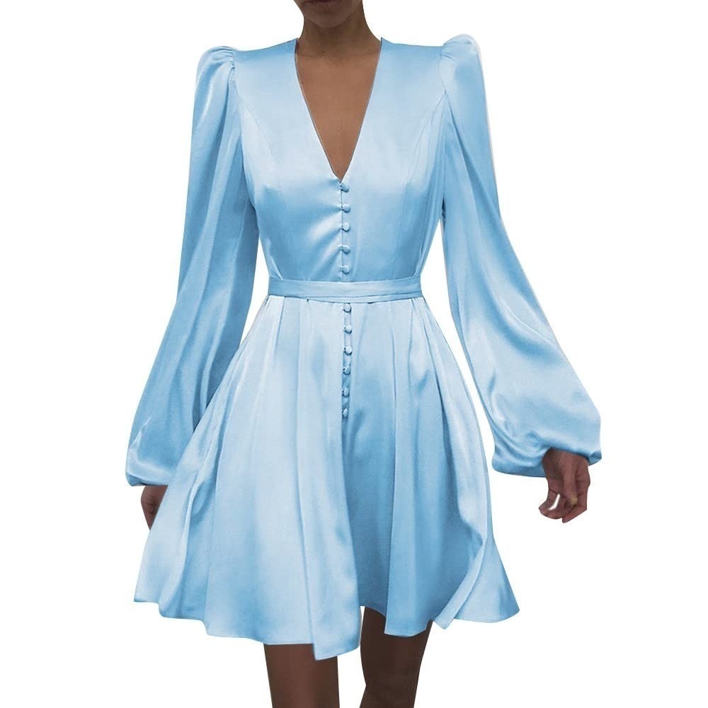 Long Sleeve Light Blue Satin Mini Dress Size M